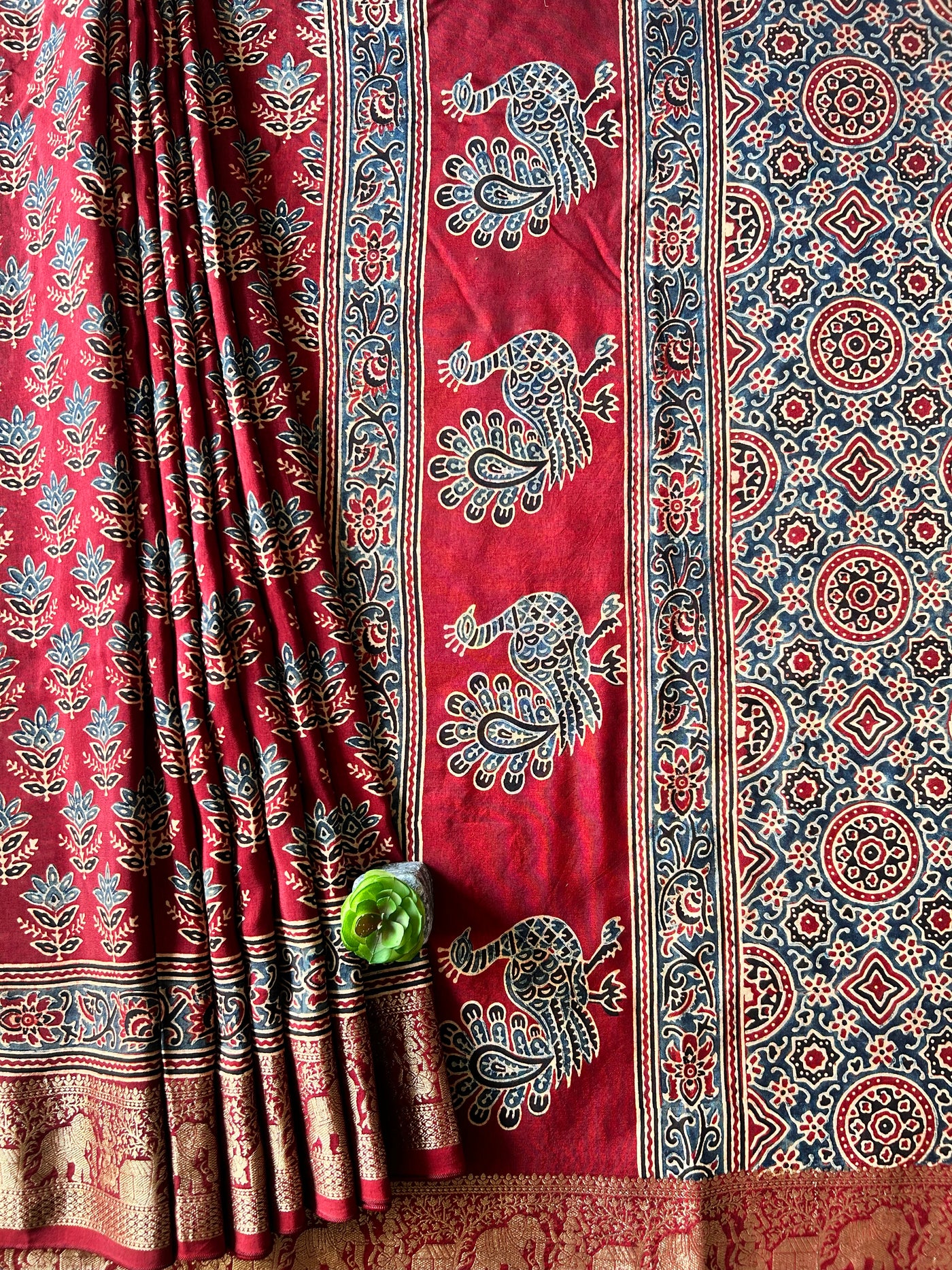 JAYA:Handblock Ajrakh Dola Silk Saree with Meenakari Pallu