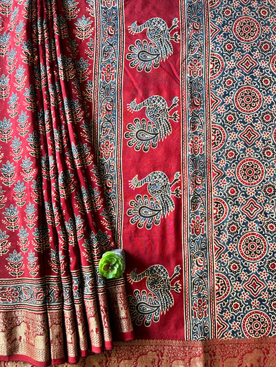 JAYA:Handblock Ajrakh Dola Silk Saree with Meenakari Pallu