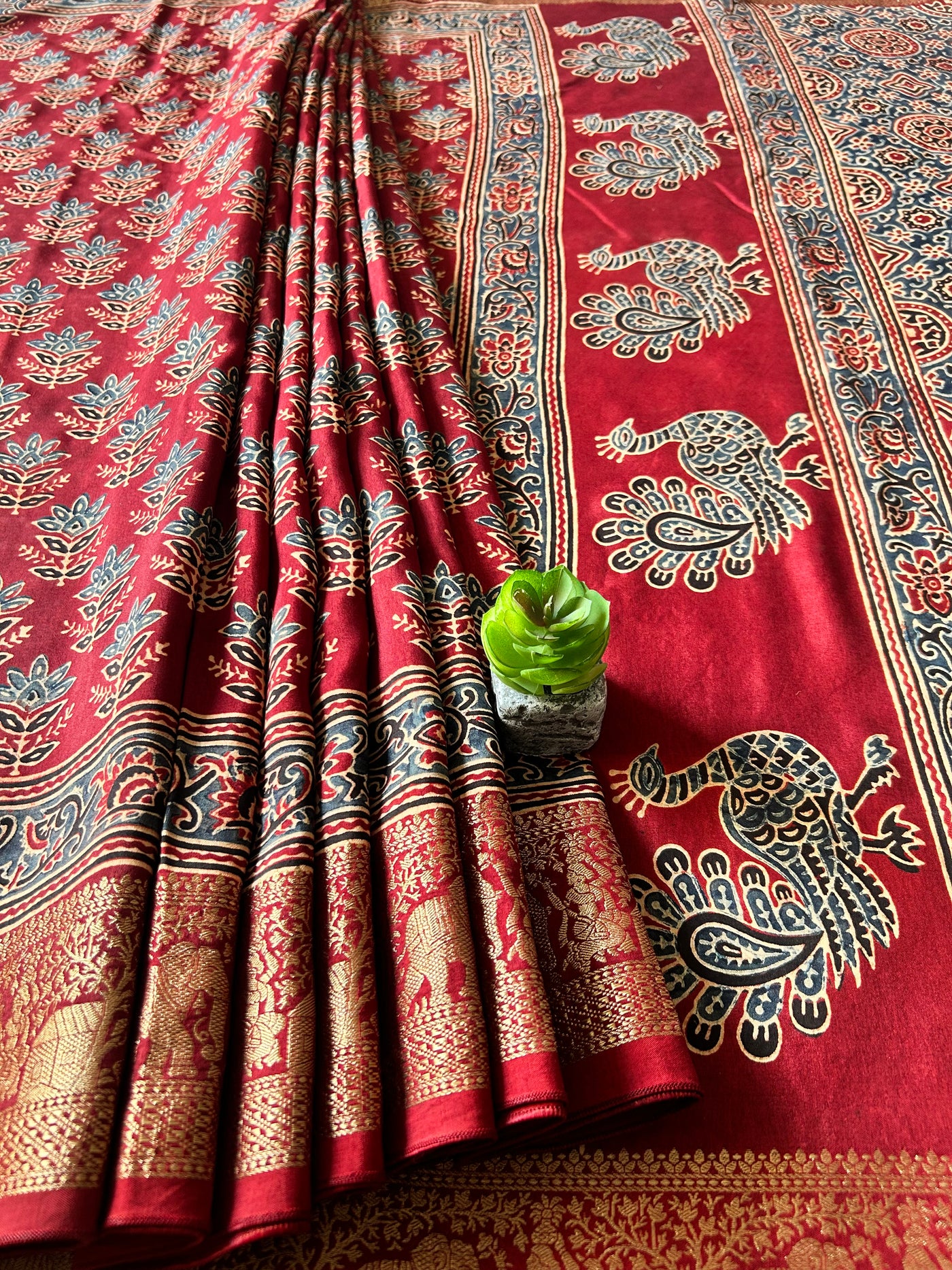 JAYA:Handblock Ajrakh Dola Silk Saree with Meenakari Pallu