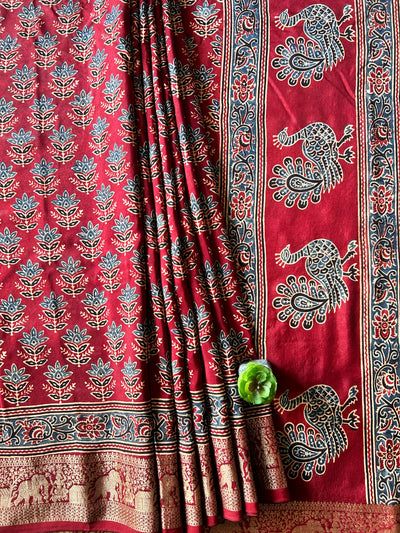 JAYA:Handblock Ajrakh Dola Silk Saree with Meenakari Pallu