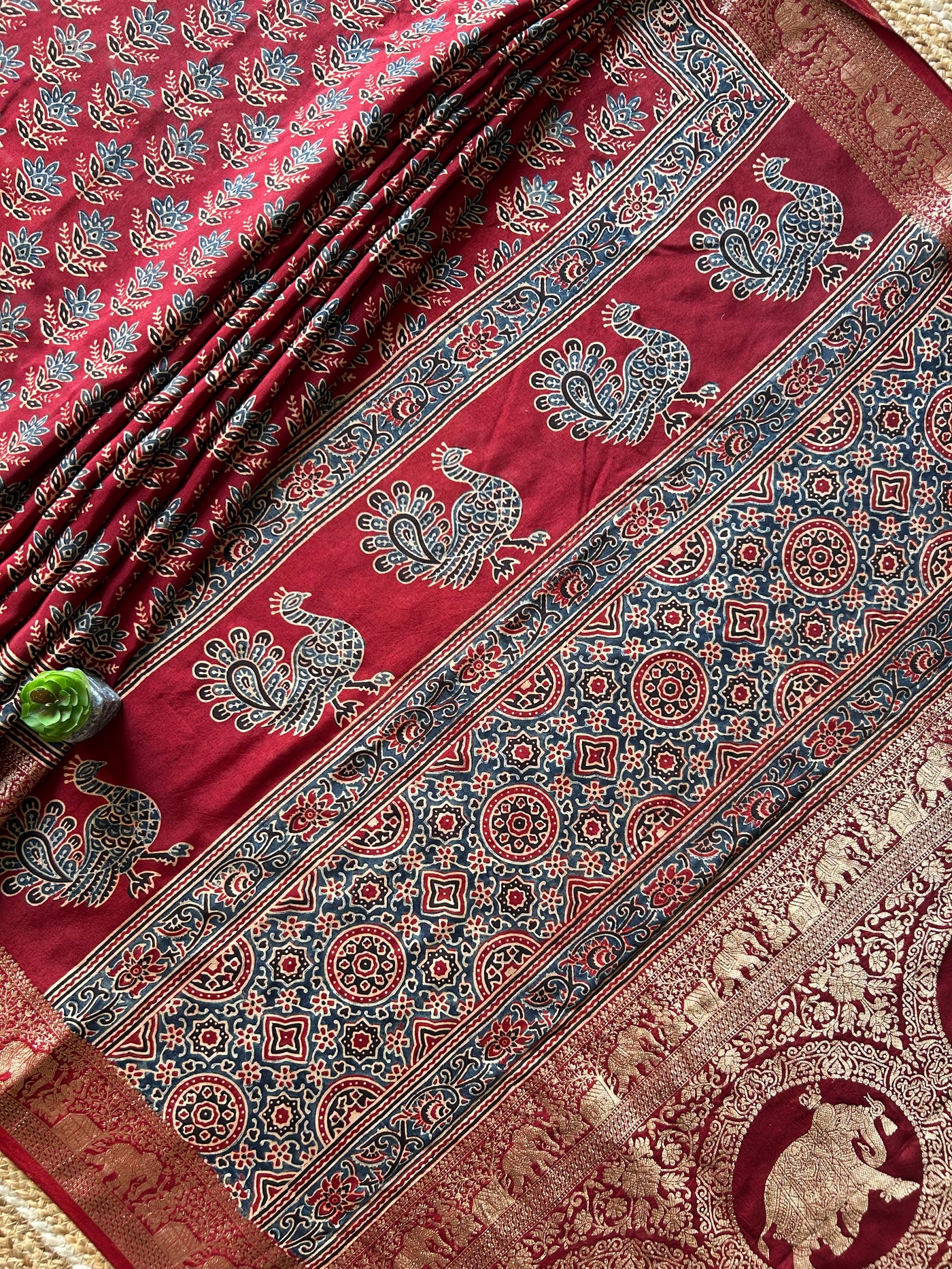 JAYA:Handblock Ajrakh Dola Silk Saree with Meenakari Pallu