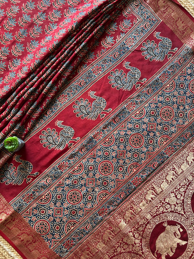 JAYA:Handblock Ajrakh Dola Silk Saree with Meenakari Pallu