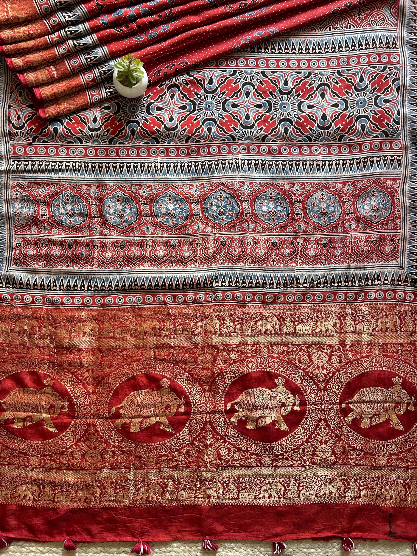 Kratika:Handblock Ajrakh Dola Silk Saree With Meenakari Pallu.