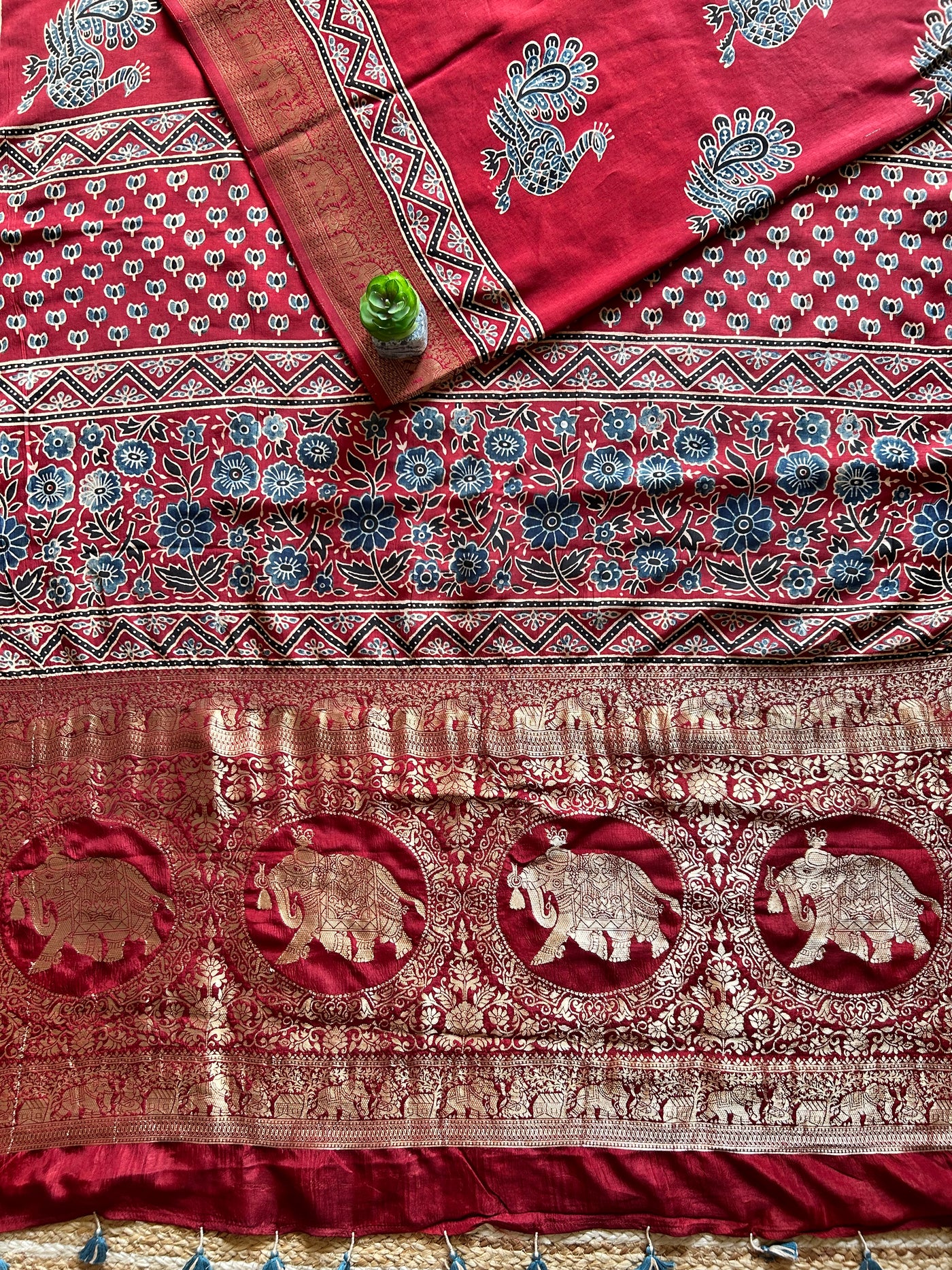 MIRA:Handblock Ajrakh Dola Silk Saree with Meenakari Pallu