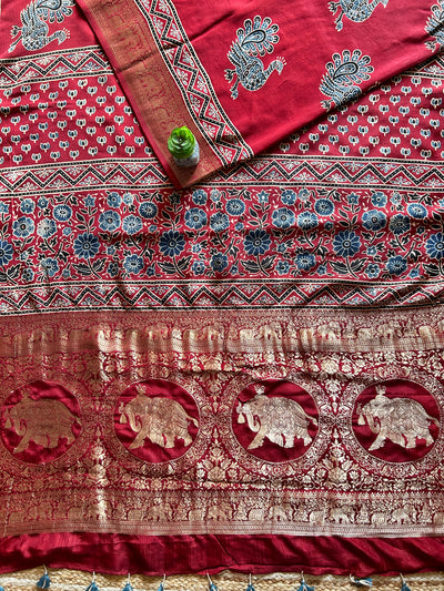 MIRA:Handblock Ajrakh Dola Silk Saree with Meenakari Pallu