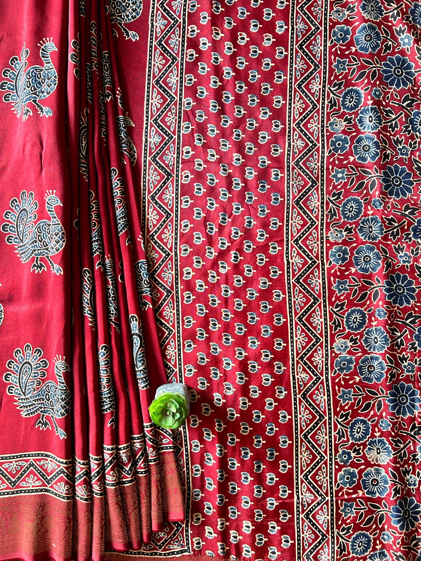 MIRA:Handblock Ajrakh Dola Silk Saree with Meenakari Pallu