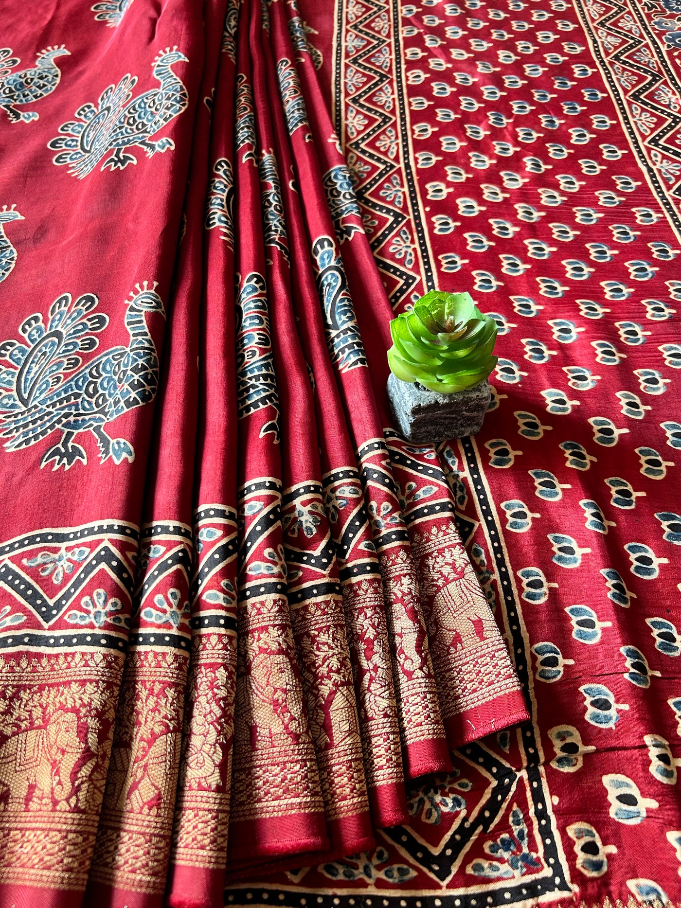 MIRA:Handblock Ajrakh Dola Silk Saree with Meenakari Pallu