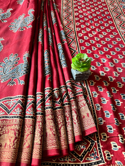 MIRA:Handblock Ajrakh Dola Silk Saree with Meenakari Pallu