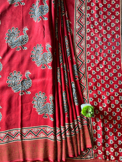 MIRA:Handblock Ajrakh Dola Silk Saree with Meenakari Pallu