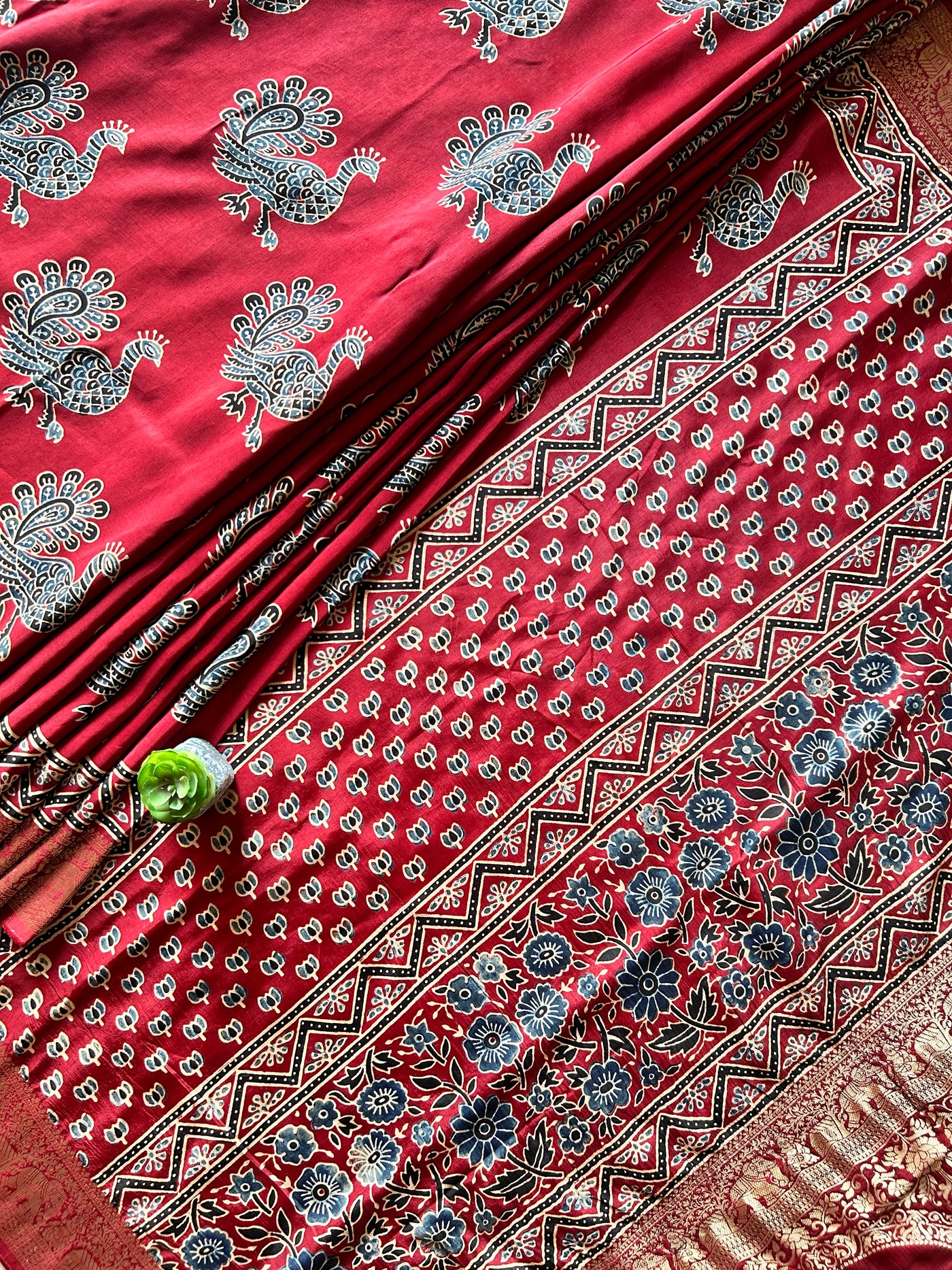 MIRA:Handblock Ajrakh Dola Silk Saree with Meenakari Pallu