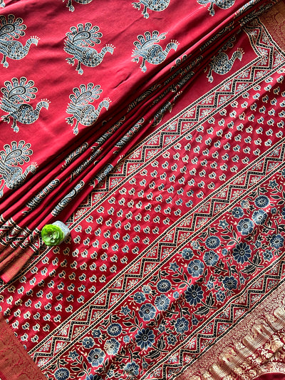 MIRA:Handblock Ajrakh Dola Silk Saree with Meenakari Pallu