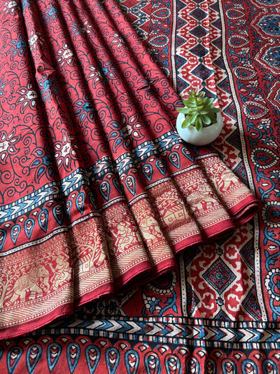 kumkum:Handblock Ajrakh Dola Silk Saree With Meenakari Pallu.