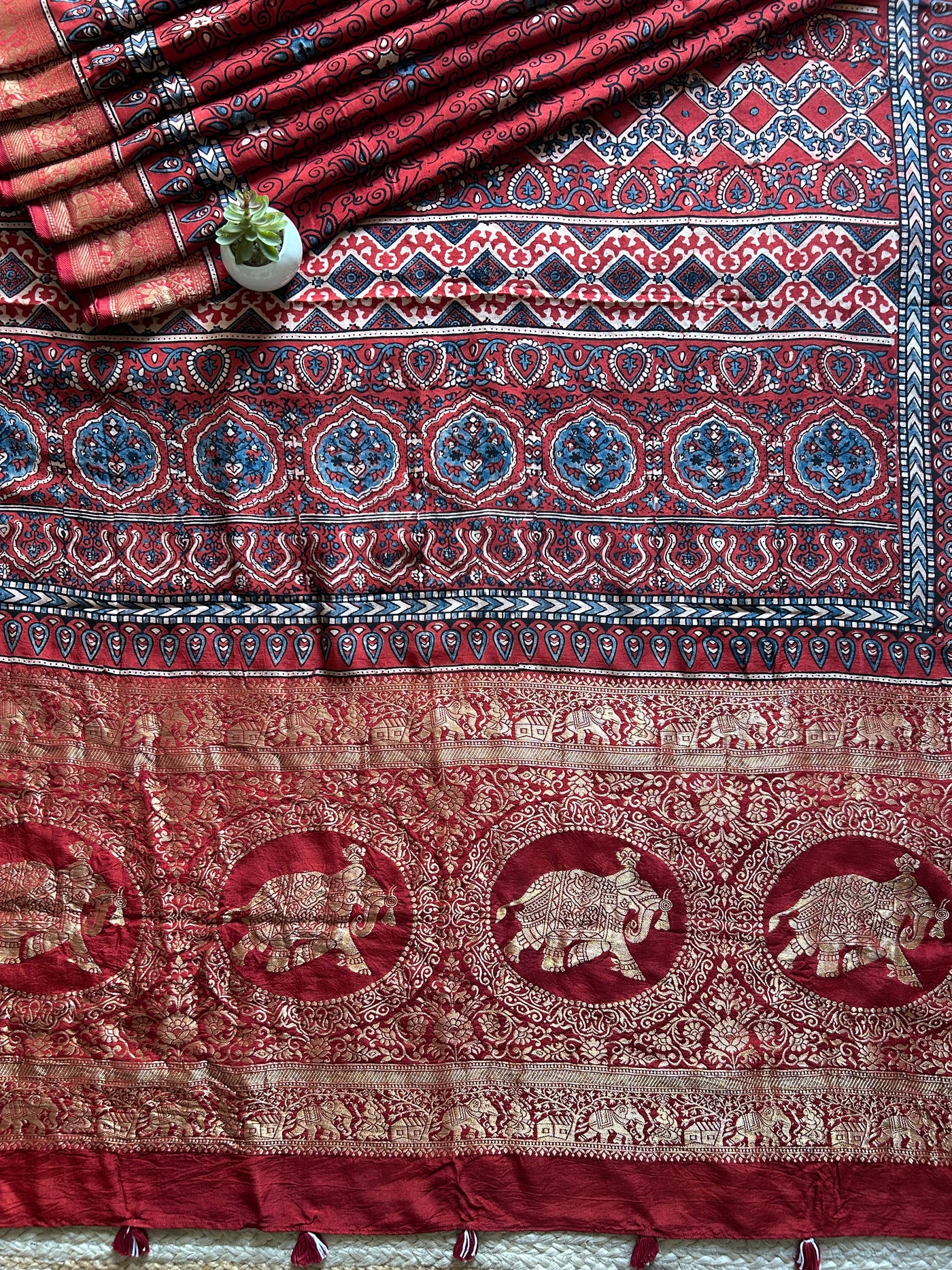 kumkum:Handblock Ajrakh Dola Silk Saree With Meenakari Pallu.