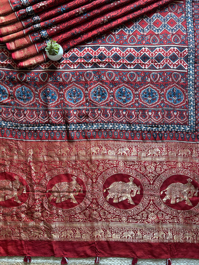 kumkum:Handblock Ajrakh Dola Silk Saree With Meenakari Pallu.