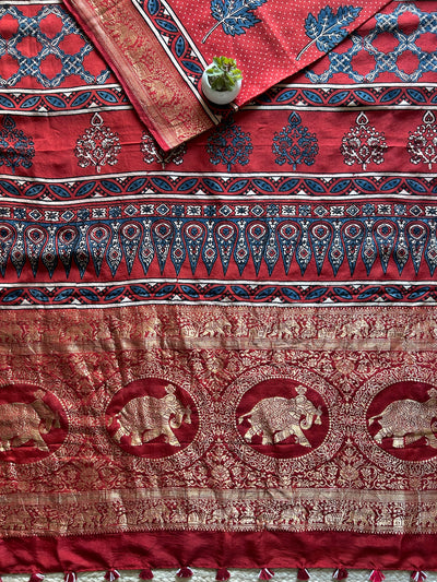 Sangam:Handblock Ajrakh Dola Silk Saree With Meenakari Pallu.