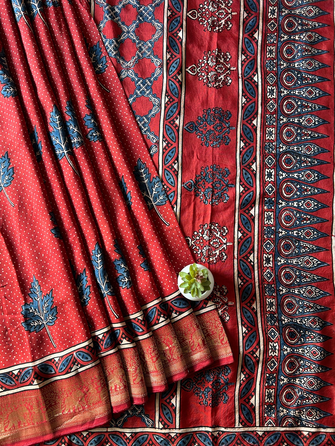 Sangam:Handblock Ajrakh Dola Silk Saree With Meenakari Pallu.