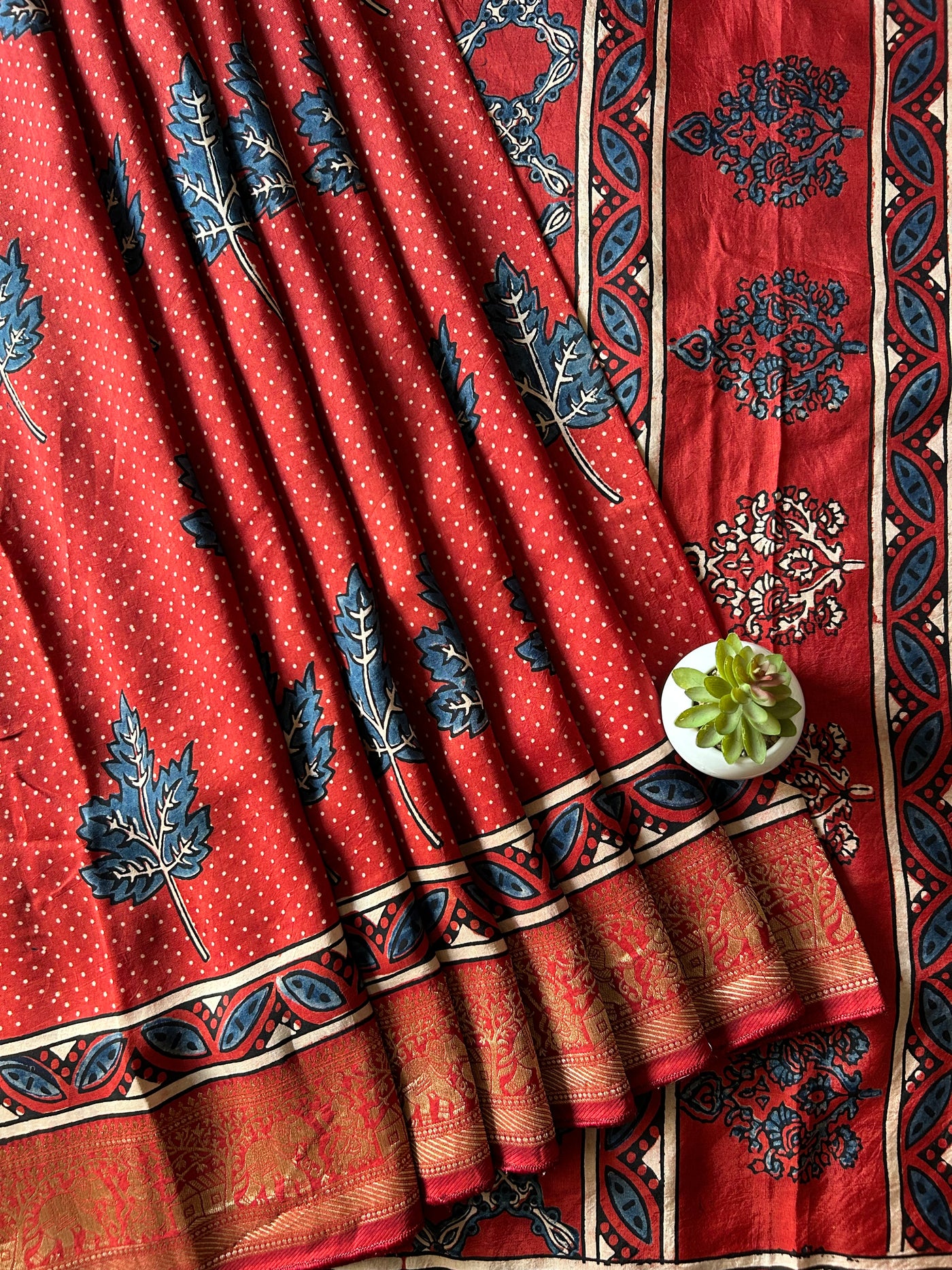 Sangam:Handblock Ajrakh Dola Silk Saree With Meenakari Pallu.