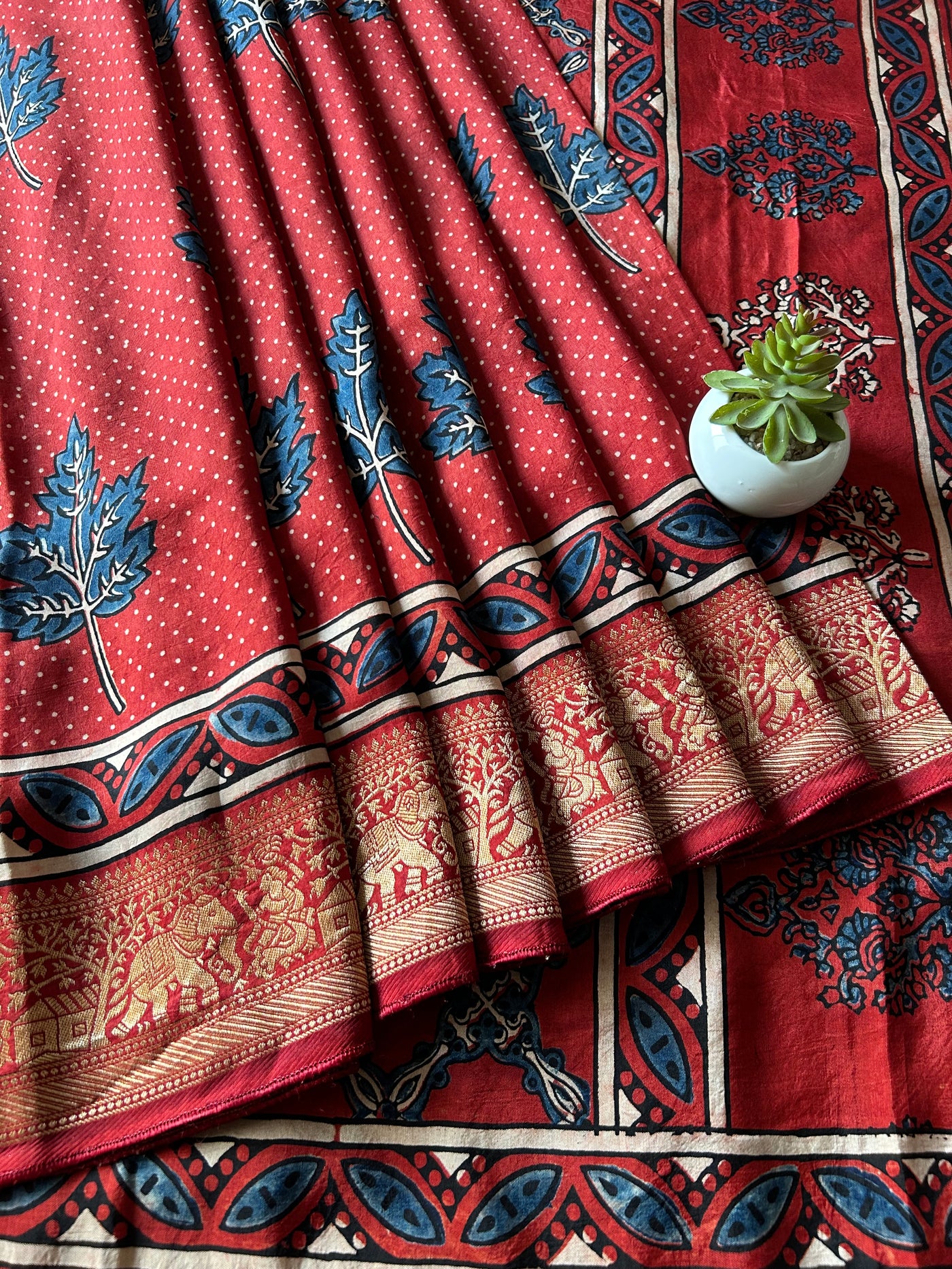 Sangam:Handblock Ajrakh Dola Silk Saree With Meenakari Pallu.