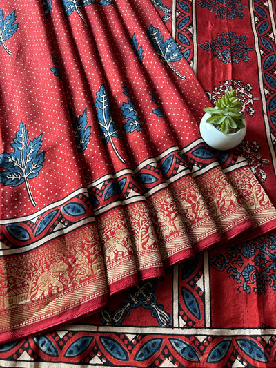 Sangam:Handblock Ajrakh Dola Silk Saree With Meenakari Pallu.