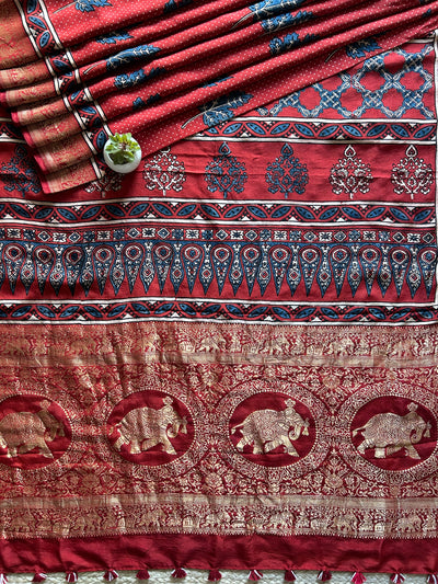 Sangam:Handblock Ajrakh Dola Silk Saree With Meenakari Pallu.