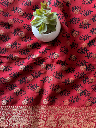 Sangam:Handblock Ajrakh Dola Silk Saree With Meenakari Pallu.