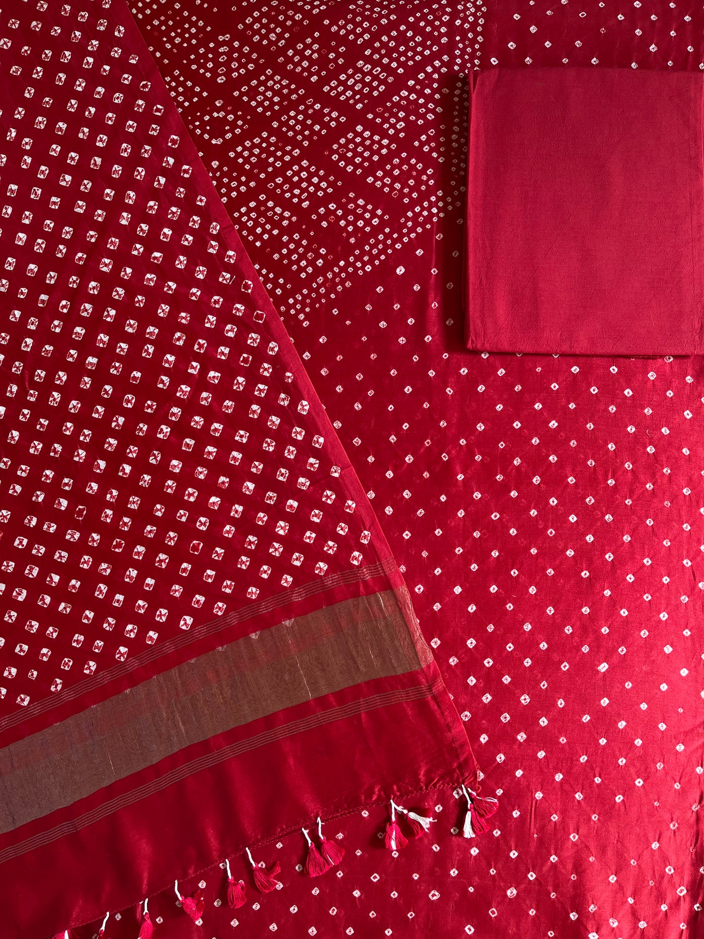 MARIYAM :Handmade Designer Bandhnai Chanderi Silk- Cott 3 Piece Suit Set.