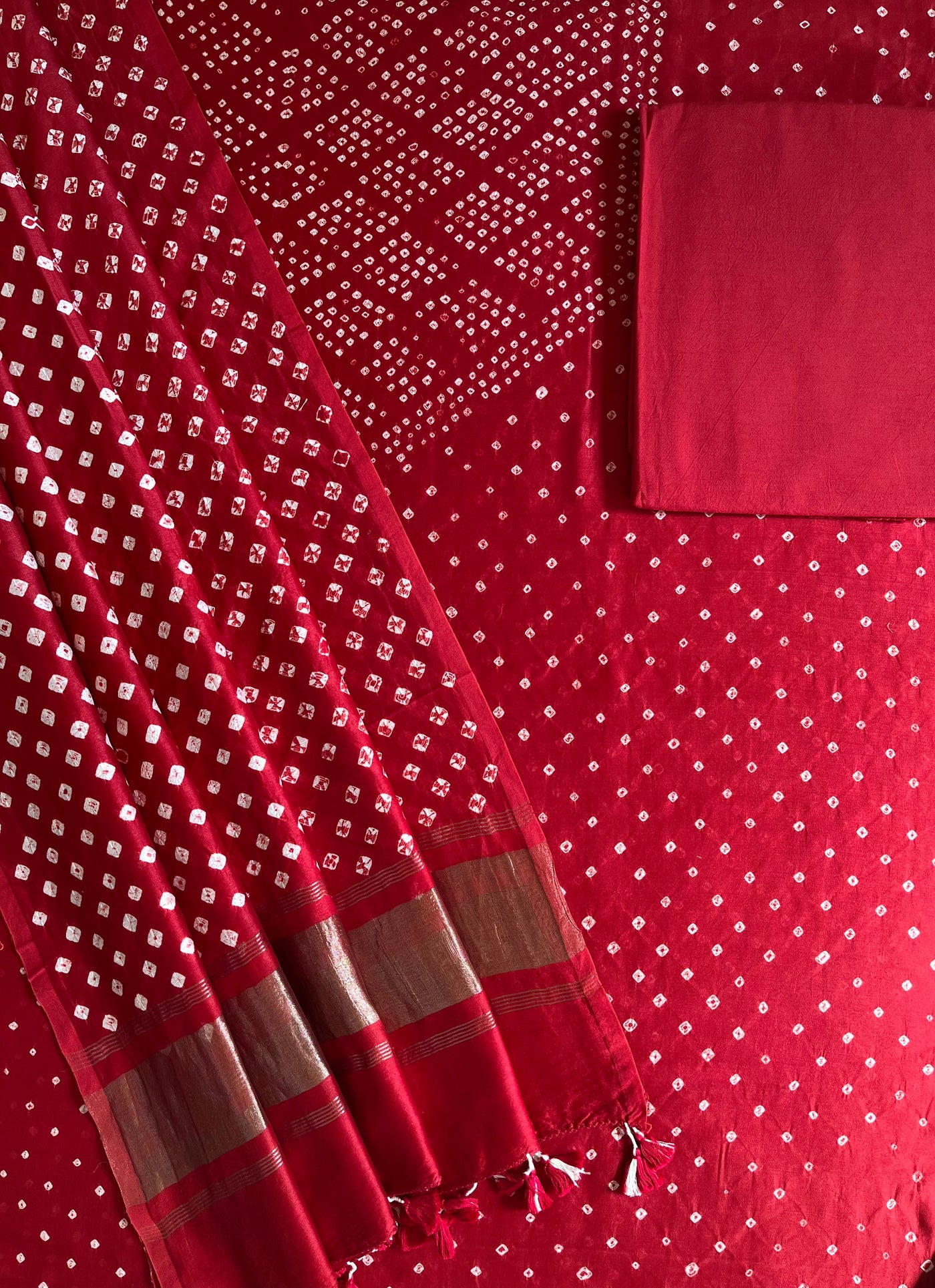MARIYAM :Handmade Designer Bandhnai Chanderi Silk- Cott 3 Piece Suit Set.
