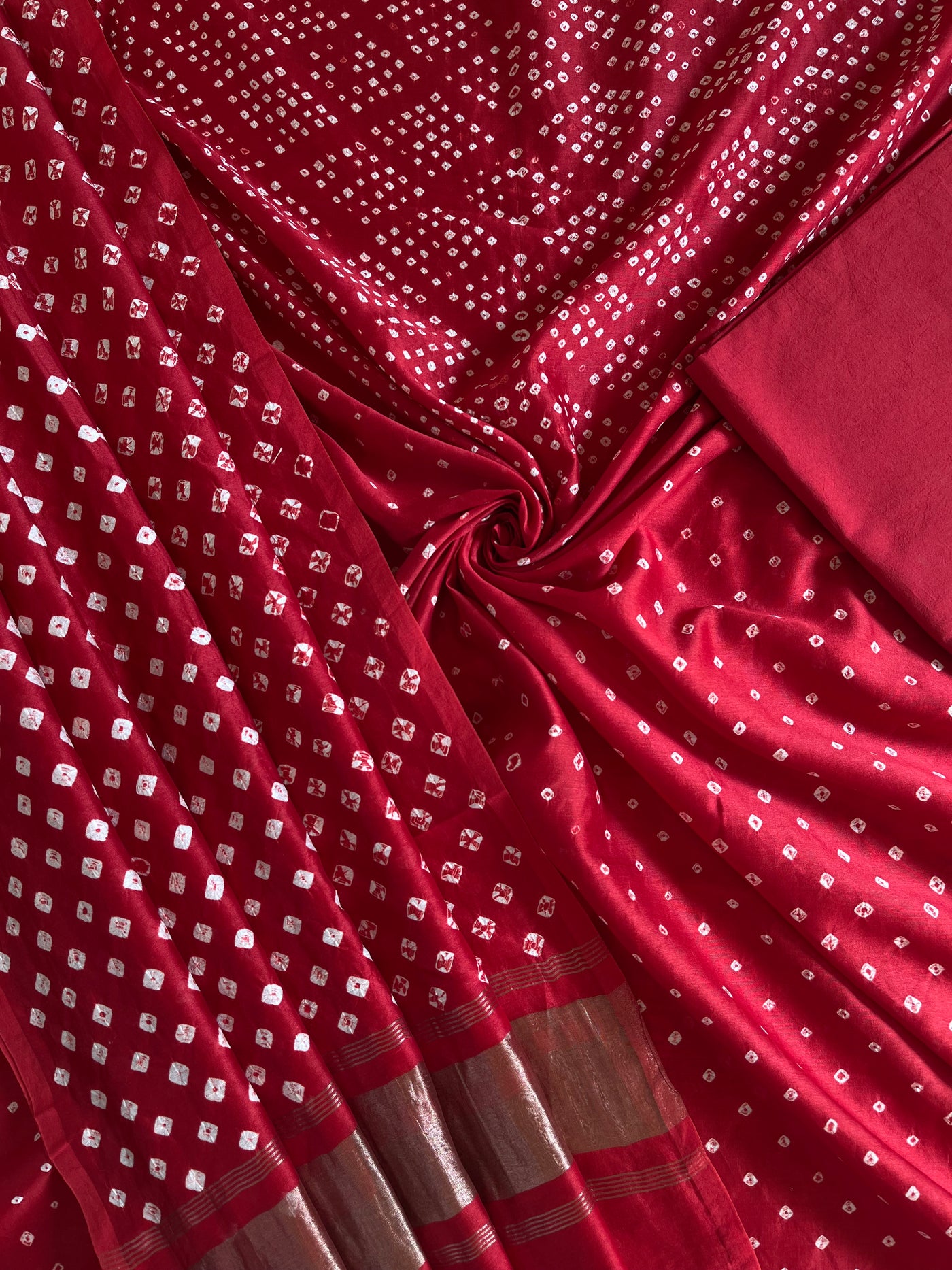 MARIYAM :Handmade Designer Bandhnai Chanderi Silk- Cott 3 Piece Suit Set.