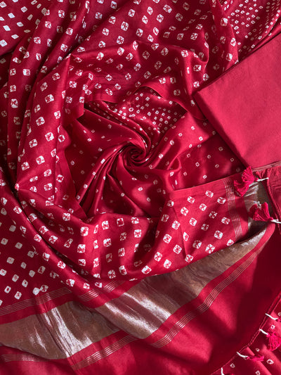 MARIYAM :Handmade Designer Bandhnai Chanderi Silk- Cott 3 Piece Suit Set.