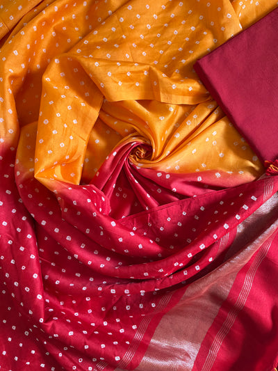 NYRA :Handmade Designer Bandhnai Chanderi Silk- Cott 3 Piece Suit Set.