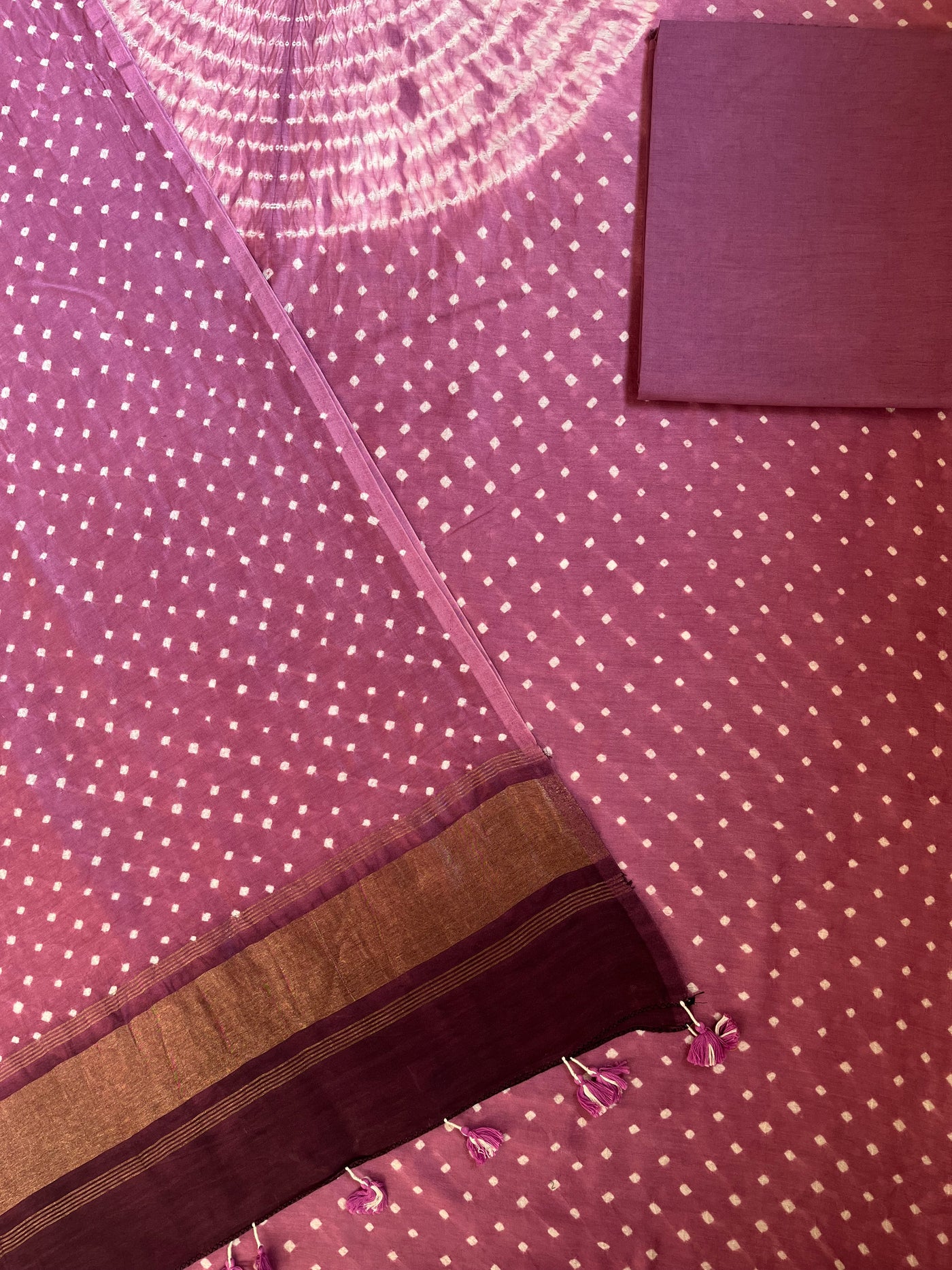 SANA :Handmade Designer Bandhnai Chanderi Silk- Cott 3 Piece Suit Set.