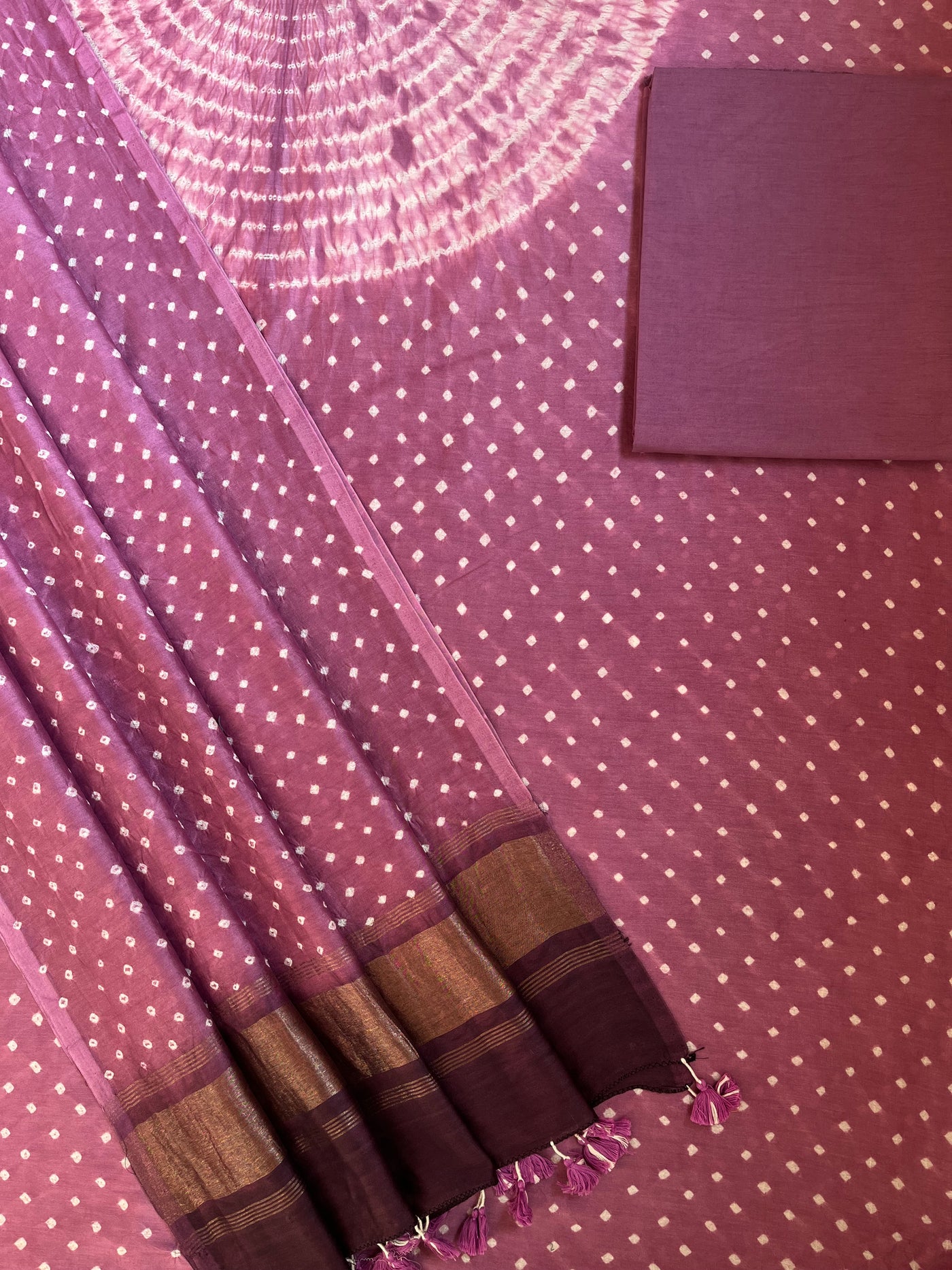 SANA :Handmade Designer Bandhnai Chanderi Silk- Cott 3 Piece Suit Set.