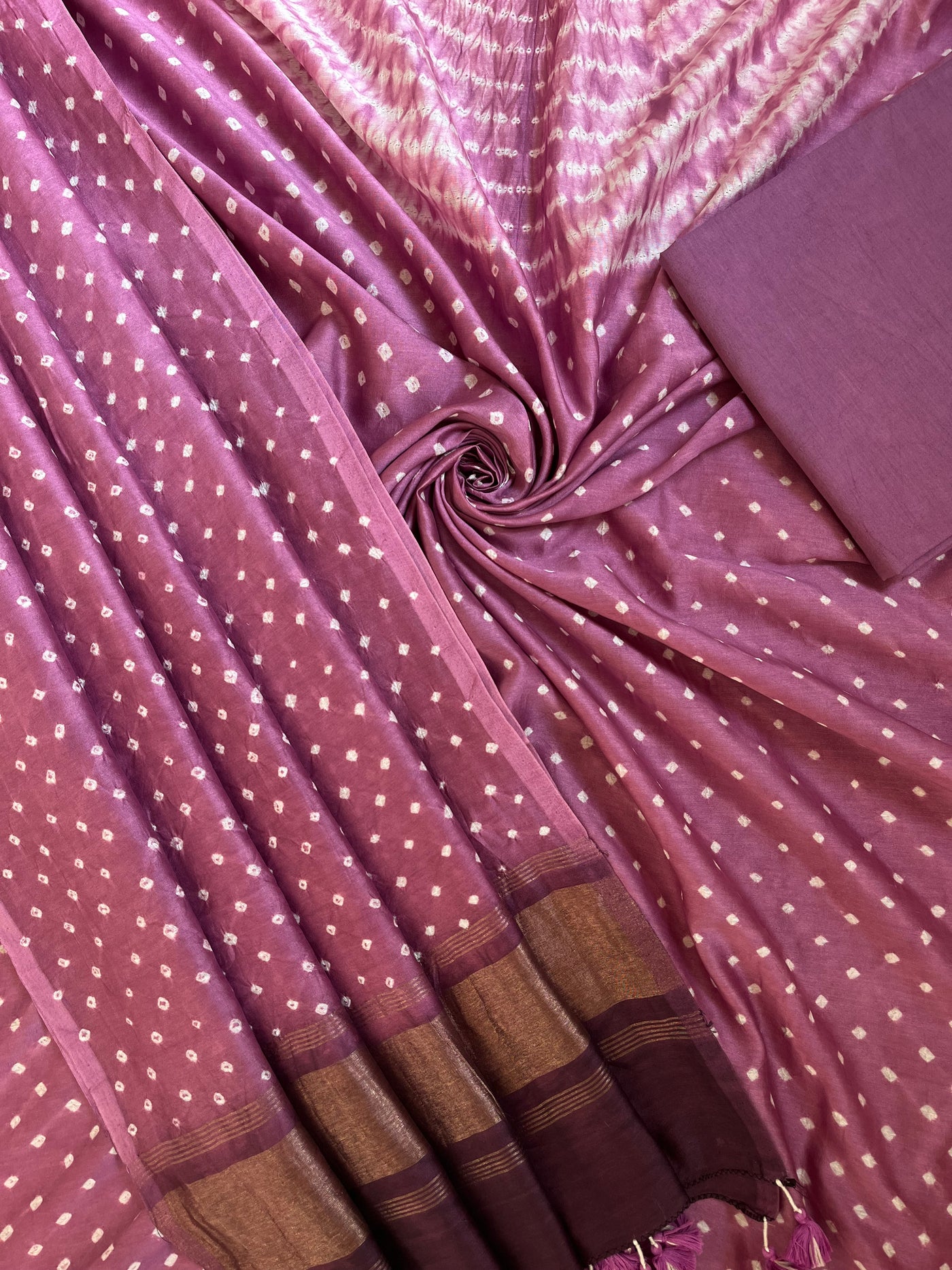 SANA :Handmade Designer Bandhnai Chanderi Silk- Cott 3 Piece Suit Set.