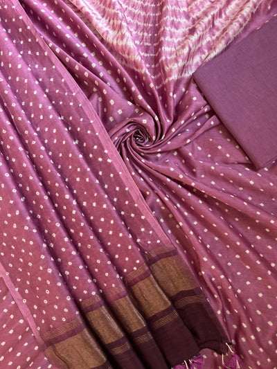 SANA :Handmade Designer Bandhnai Chanderi Silk- Cott 3 Piece Suit Set.