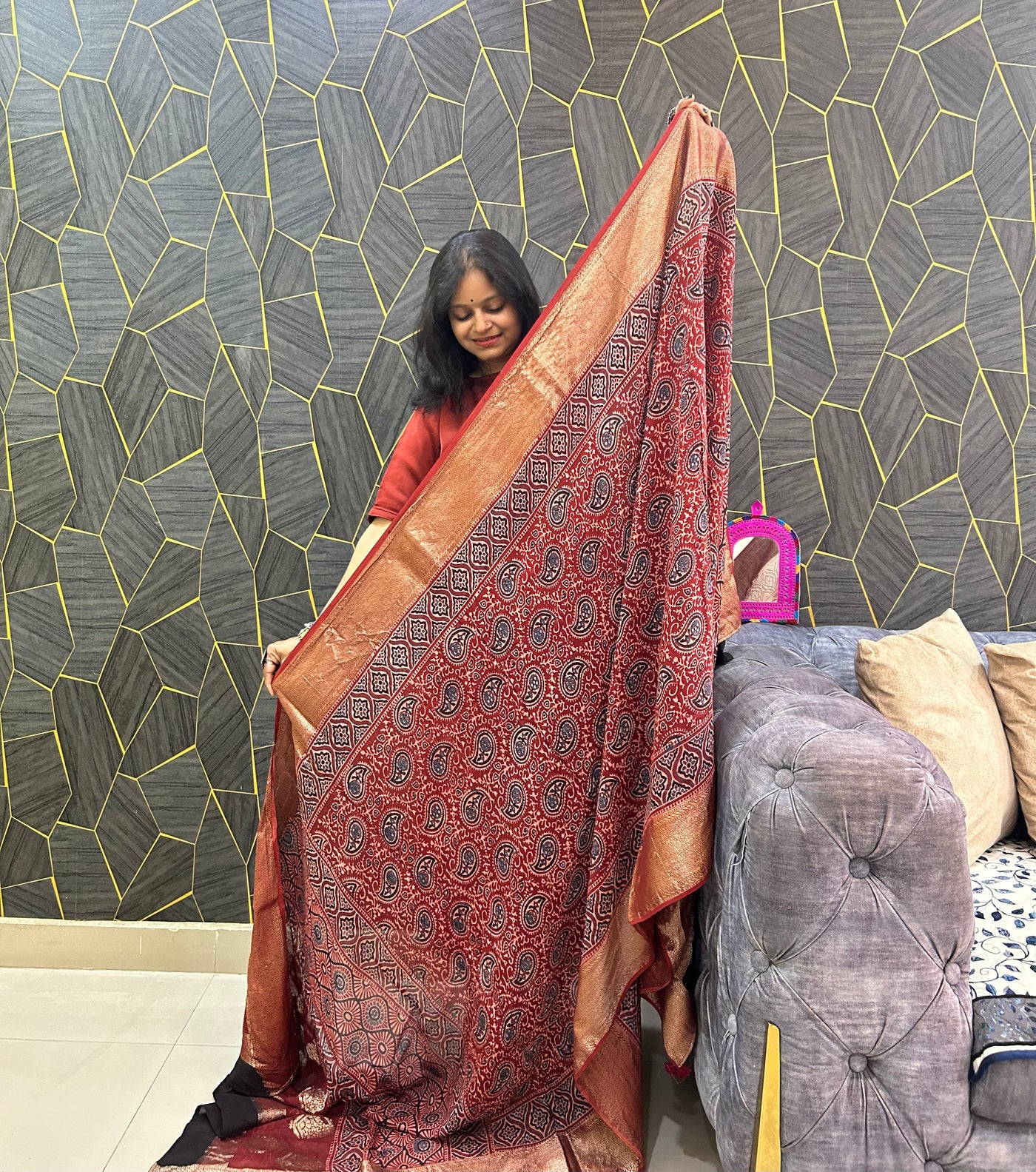 Kavya: Handblock dola silk ajrakh dupatta with nakshi border