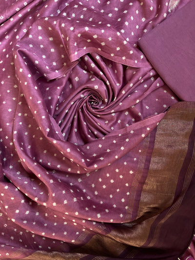 SANA :Handmade Designer Bandhnai Chanderi Silk- Cott 3 Piece Suit Set.