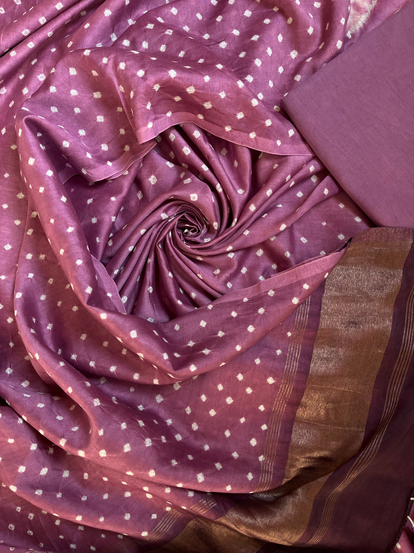 SANA :Handmade Designer Bandhnai Chanderi Silk- Cott 3 Piece Suit Set.