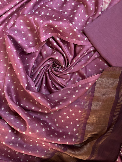 SANA :Handmade Designer Bandhnai Chanderi Silk- Cott 3 Piece Suit Set.