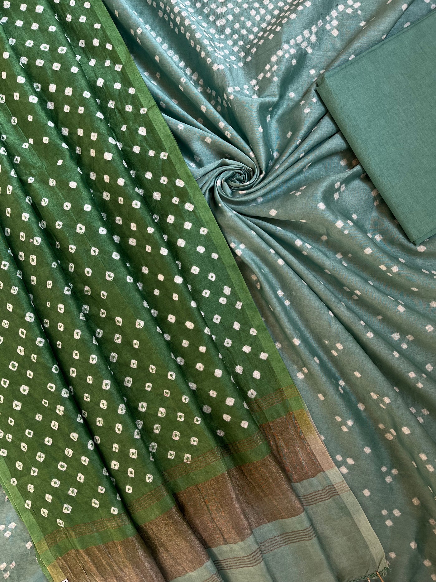 NIHARIKA :Handmade Designer Bandhnai Chanderi Silk- Cott 3 Piece Suit Set.