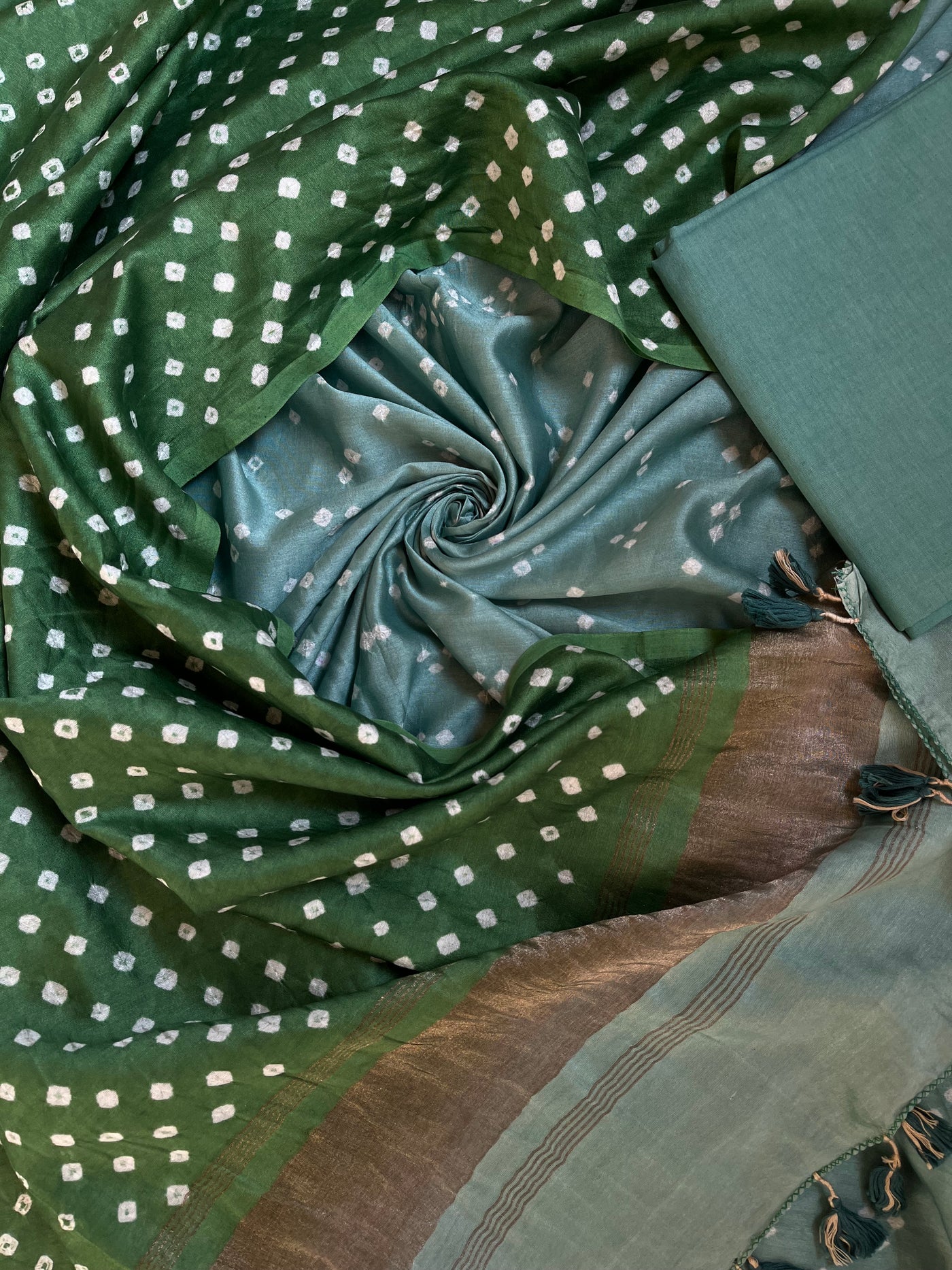 NIHARIKA :Handmade Designer Bandhnai Chanderi Silk- Cott 3 Piece Suit Set.