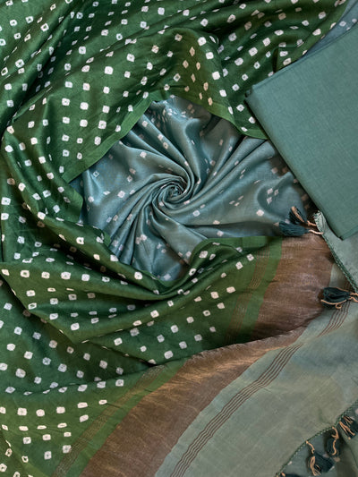 NIHARIKA :Handmade Designer Bandhnai Chanderi Silk- Cott 3 Piece Suit Set.