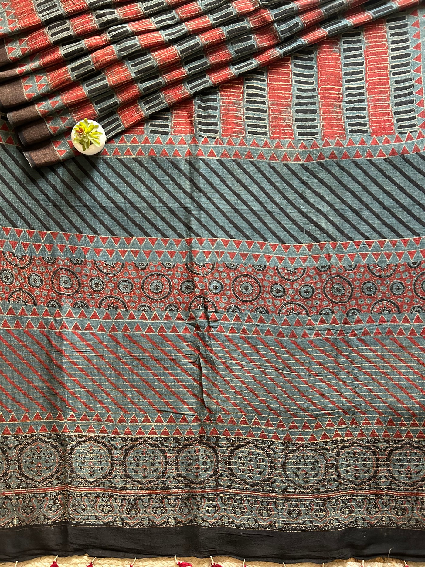 INDU:HANDBLOCK AJRAKH PURE SILK-LINEN SAREE