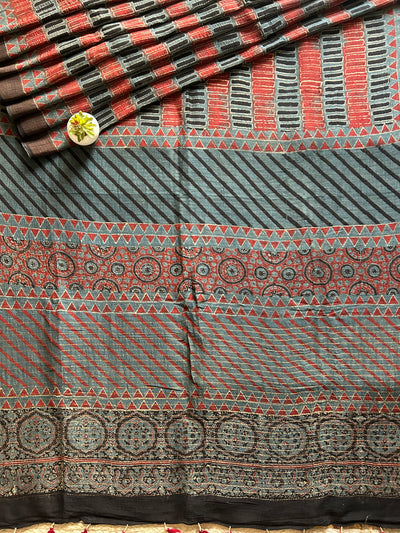 Indu:Handblock Ajrakh Linen-Silk Saree