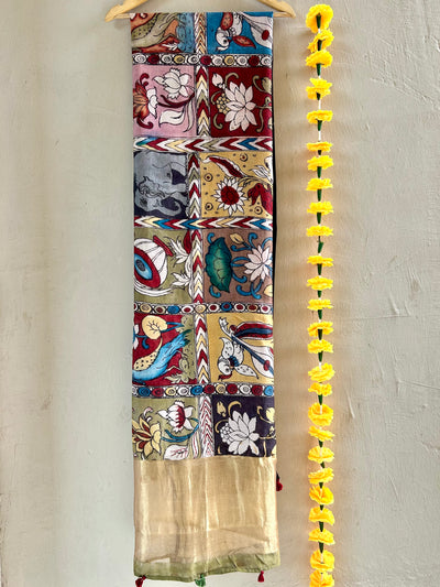 CHOWKADI:Hand drawn&Hand painted penkalamkeri silk-cott tissue dupatta.