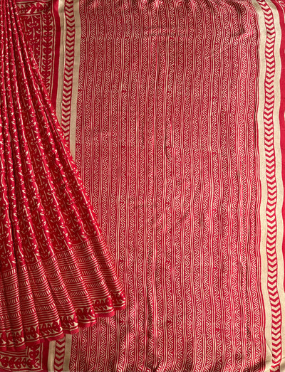 NEELAM: HANDBLOCK BAGRU PRINTED ICE BLUE MODAL SILK SAREE
