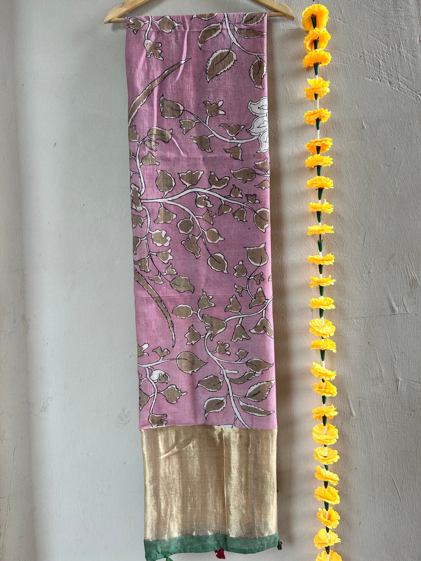 GULABI:Hand drawn&Hand painted penkalamkeri silk-cott tissue dupatta.