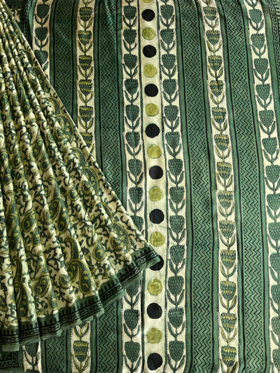 RADHA: HANDBLOCK BAGRU PRINTED ICE BLUE MODAL SILK SAREE