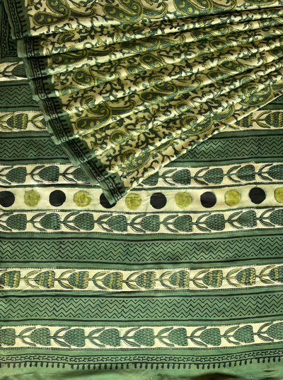 RADHA: HANDBLOCK BAGRU PRINTED ICE BLUE MODAL SILK SAREE