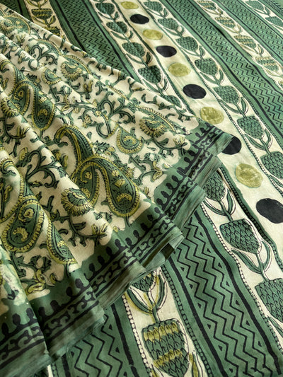 RADHA: HANDBLOCK BAGRU PRINTED ICE BLUE MODAL SILK SAREE