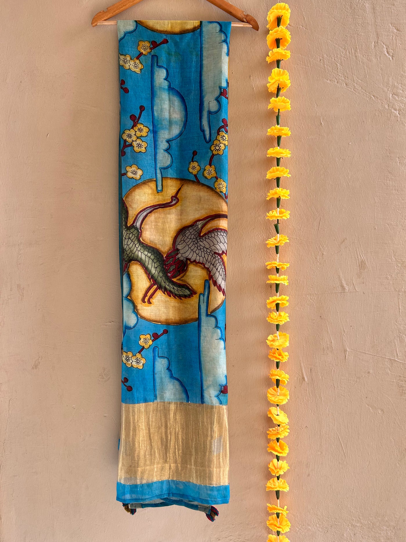 NEELA AASMAN:Hand drawn&Hand painted penkalamkeri silk-cott tissue dupatta.